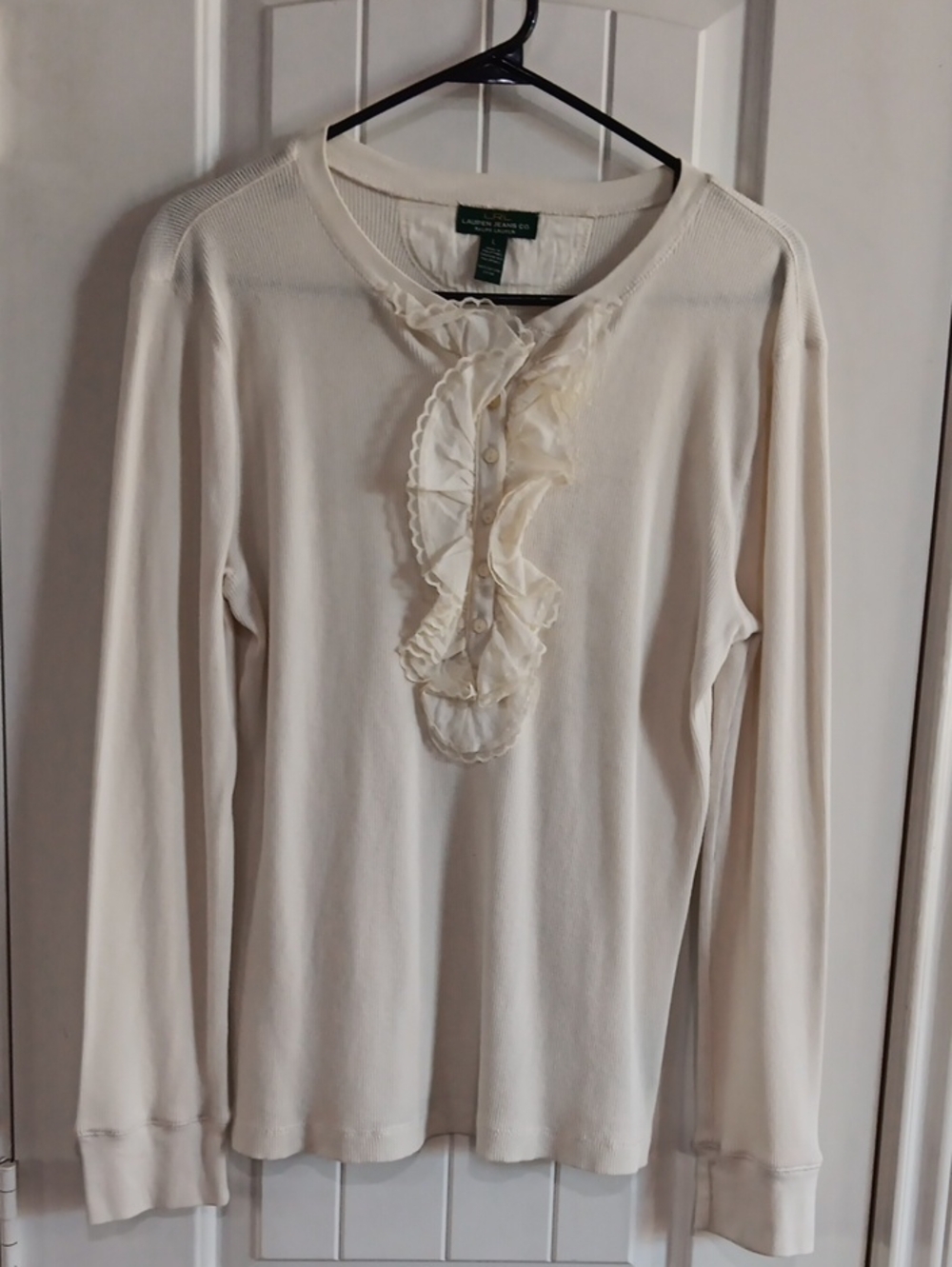 LRL Lauren Jeans Co Ralph Lauren Cream Ruffle Henley Top Y2K Size L RN 41381